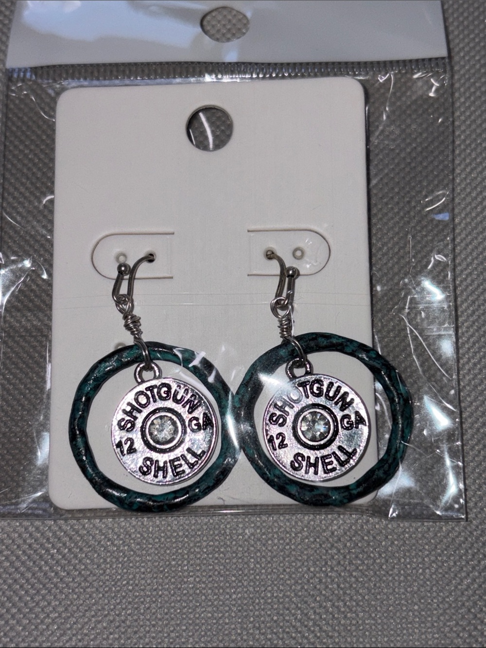 NWT Patina Silver Shotgun Shell Dangle Earrings Rhinestone Accent - Picture 2 of 3